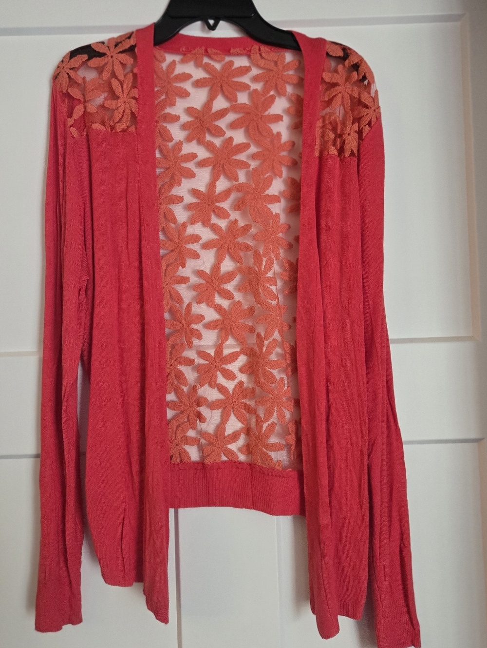 Open-Front Floral Lace Back Women's Cardigan Sweater - Coral